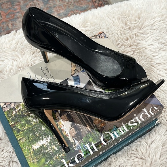Stuart Weitzman | Black Patent Open Toe Pumps - Picture 1 of 7
